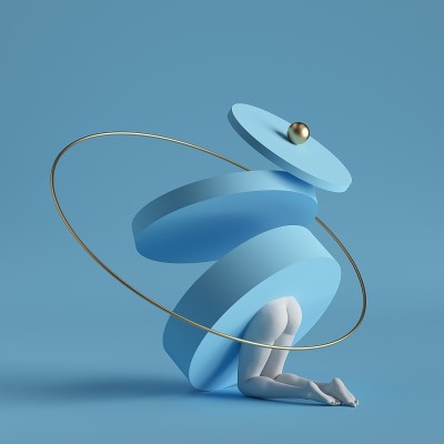 3d渲染，抽象超现实当代艺术。原始几何形状:金色的圆环，切割成圆柱形的薄片，蓝色背景上的白色腿。现代