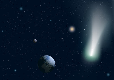 一颗流星掠过地球的太阳系景象。