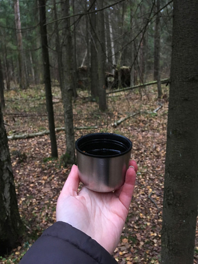 秋天森林里的热茶。