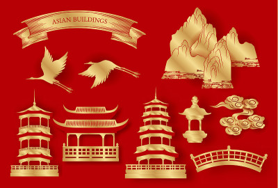 亚洲景观矢量插图集