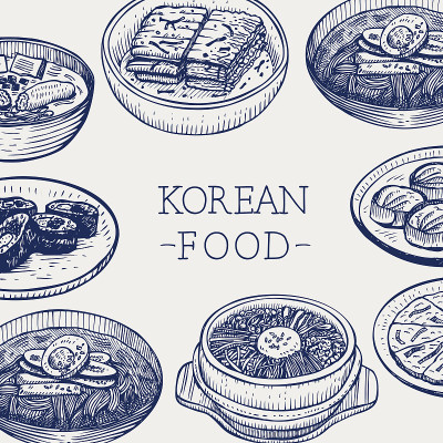 手绘韩国食物，矢量插图