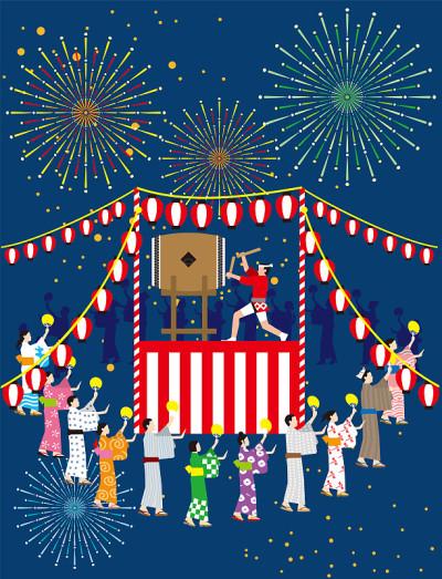 Bon dance and fireworks. Japanese traditional even