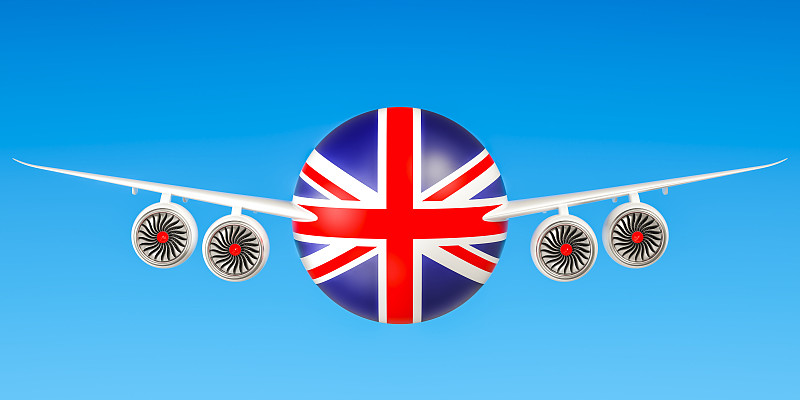 英国航空公司和飞行公司，飞往英国的航班概念。三维渲染