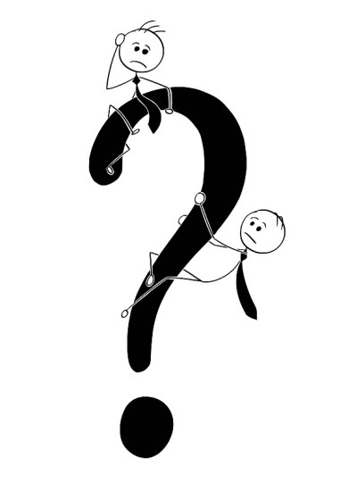 两个商人攀登大问号符号的漫画