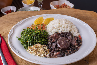 传统的巴西食物叫Feijoada。猪肉黑豆