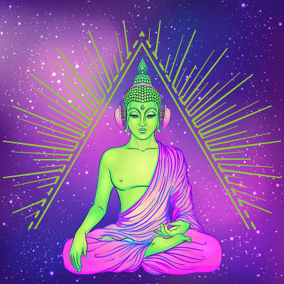 爱与和平。绿佛戴着彩虹眼镜，戴着耳机听音乐。矢量插图。