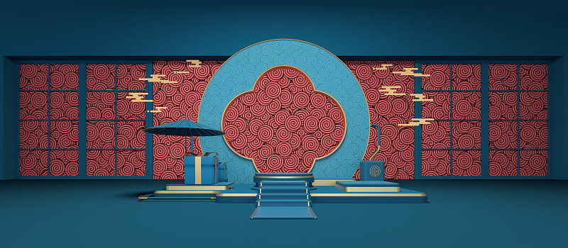 中式空房，3d渲染。