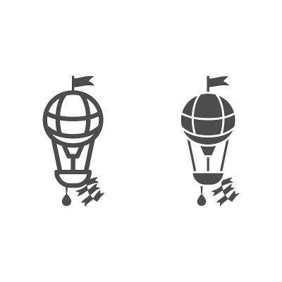 圆形气球与篮子和旗帜线和固体图标，气球节日的概念，航空运输旅行标志上的白色背景，在轮廓风格的移动热气