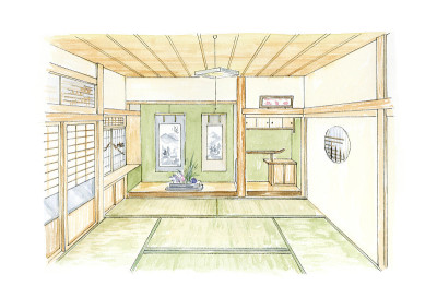 日本榻榻米房间的水彩画