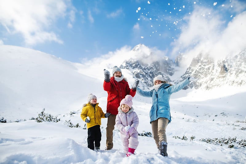 爸爸和妈妈带着两个小孩子在冬天的大自然中，在雪地里玩耍。