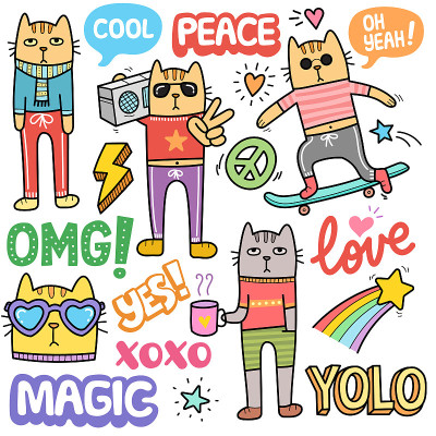 抽象时髦的猫颜色涂鸦插图