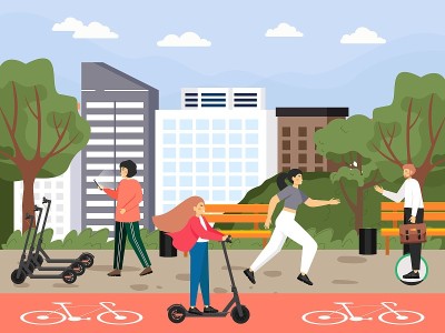 人们骑电动滑板车，在城市公园跑步，矢量插图。积极健康的生活方式。生态交通。