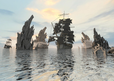 老吓人海盗船在海上渲染3d插图