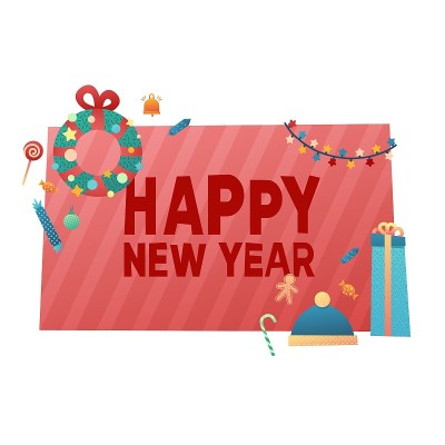 模板设计横幅新年快乐提供。平面矢量风格的传单与圣诞节装饰元素。用礼物和花环设计快乐的节日相框。