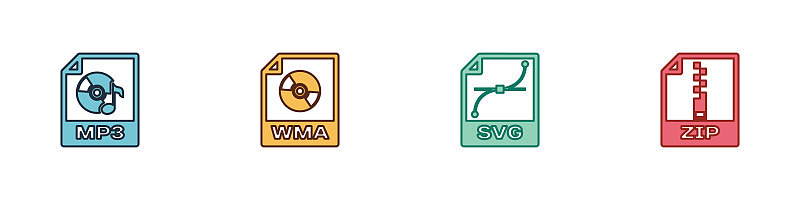 Set MP3 file document, WMA, SVG and ZIP icon. Vect
