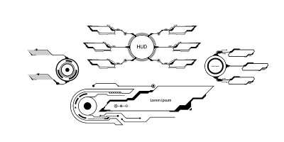 HUD未来元素集与虚拟Hi科幻技术小工具界面的游戏应用程序UI插图。