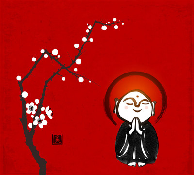 水墨画祈祷日本菩萨季藏和樱花枝在红色的背景。传统的日本水墨画佛糜璧。象形文字的翻译-美