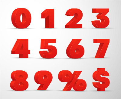 3D红色数字，百分比，美元符号设置。音量数字从0到9。