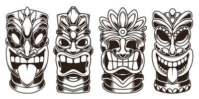 一组孤立在白色背景上的提基雕像。标签、标识、会徽的设计元素。矢量图