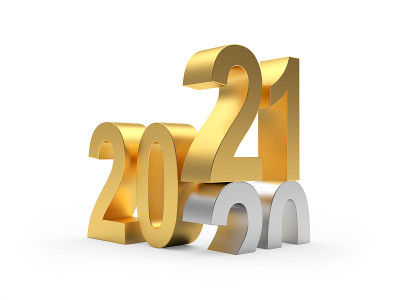 新年黄金和白银数字变化2020至2021孤立在白色背景。三维演示