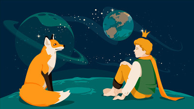 小王子和他的朋友狐狸在夜空中的行星上交谈。著名童话故事。
