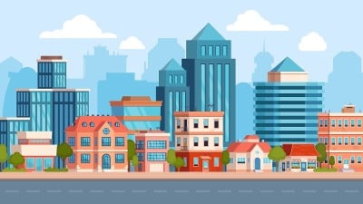 城市街道景观以摩天大楼和公寓建筑为主。城镇房地产，房屋和道路。城市场景。城市矢量全景