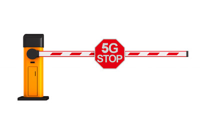 白色背景上带有5G停止标志的封闭自动障碍物。孤立的3 d演示