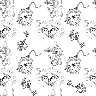 爱丽丝梦游仙境可爱的时钟和柴郡猫单色素描孤立物体设置无缝图案