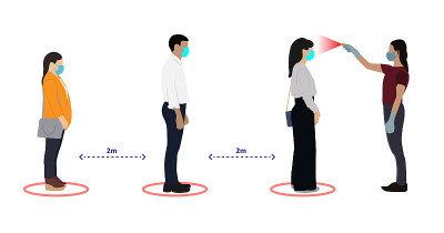 People with face mask standing in line for body te