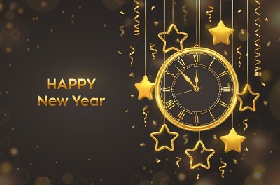 2021年新年快乐。金碧辉煌的罗马数字和倒计时午夜，除夕新年。背景与闪烁的金色星星。圣诞快乐。圣诞假
