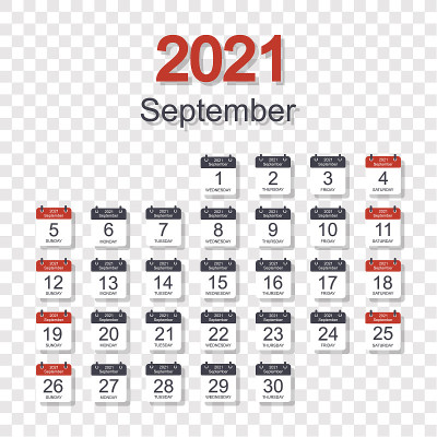 每月日历模板为2021年9月与每天的日期。透明背景。一周从周日开始。平的风格