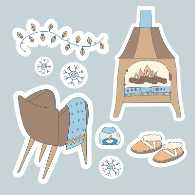 Doodle设置Hygge Winter。线性舒适的扶手椅，Ugg靴子，壁炉，燃烧的蜡烛和灯笼花环。
