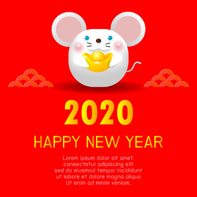 2020年新年快乐。中国新年。鼠年。新年贺卡与可爱的老鼠，背景插图向量
