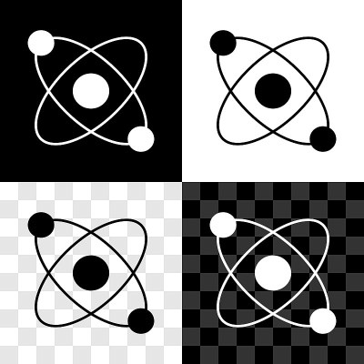 设置原子图标隔离在黑色和白色，透明的背景。象征科学、教育、核物理、科学研究。向量