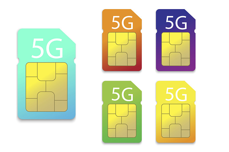 Sim卡。移动网络5 g。无线电话通信。智能手机的彩色卡片。矢量插图。股票的形象。