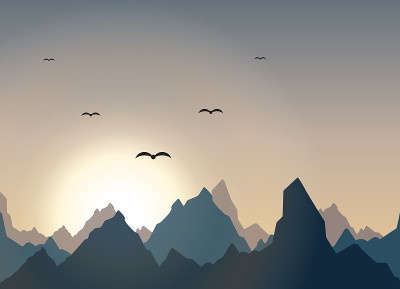 美丽的日出在山上的水平全景。矢量图
