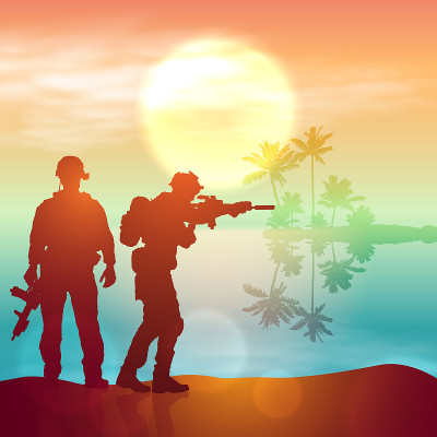 日出时士兵的剪影。理念——保护、爱国、荣誉。