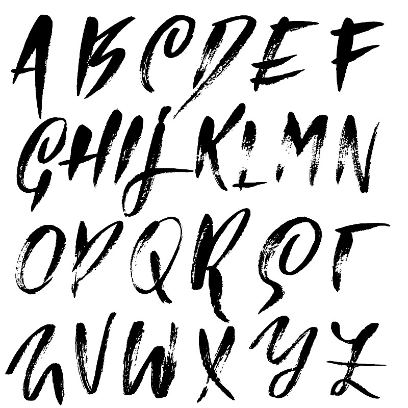 手绘干刷字体。现代刷刻字。摇滚风格的字母。矢量插图。