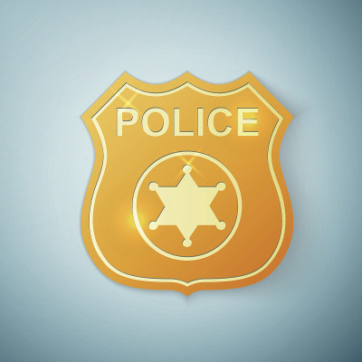 金色警徽孤立在蓝色背景上。矢量图