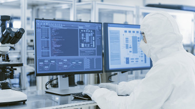 在实验室中，科学家穿着防护服在个人电脑上做研究。现代制造半导体和制药项目。