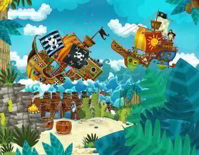 cartoon scene with pirates on the sea battle with 