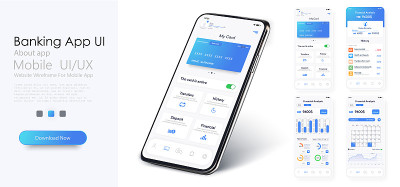 网上银行手机应用UI, UX, GUI设置钱包，购物，我的账户，资金转账，账单支付，产品详情。移动银