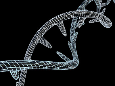 DNA分子位于黑色背景的前面。抽象拼贴画。3 d