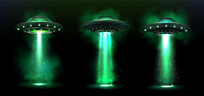 3d UFO，矢量外星飞船与光束