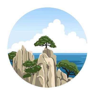 海岩上有棵树。中国的海景。