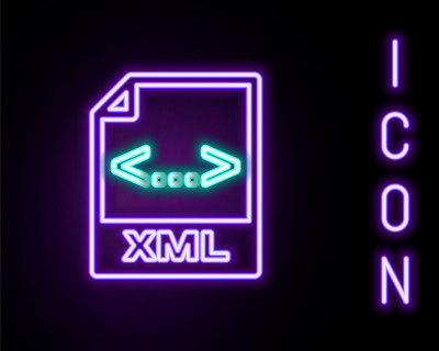 发光的霓虹行XML文件文档。下载xml按钮图标隔离在黑色背景。XML文件的象征。色彩斑斓的轮廓的概念