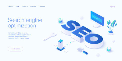 SEO发展等距矢量图。网站或网页开发概念。搜索引擎优化的商业目的。