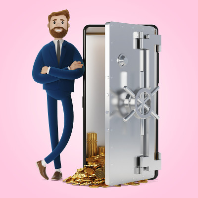 一个卡通人物站在一个保险箱形状的手机旁。移动银行。3 d演示。