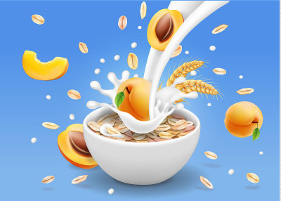 杏仁燕麦片广告设计。燕麦片和牛奶在酸奶碗。