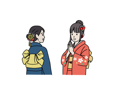 穿着和服的妇女参观神社的插图